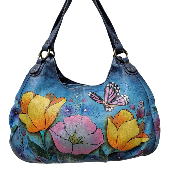 Anuschka Handbags - Anuschka Large Butterfly & Flowers Hand Painted Genuine Leather Shoulder Bag
